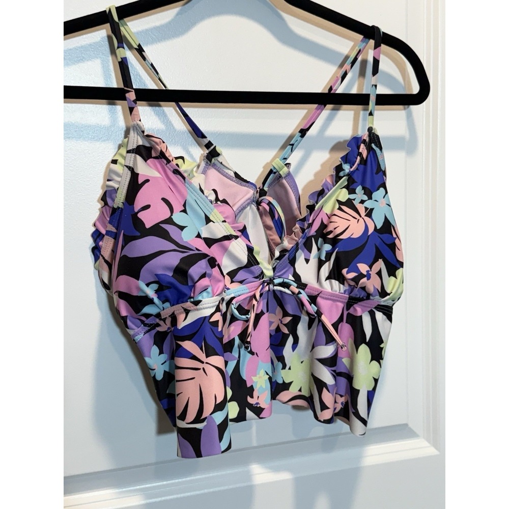Decree Tropical Floral Ruffle Halter Bikini Swim Top‎ Crop Tankini Women XL